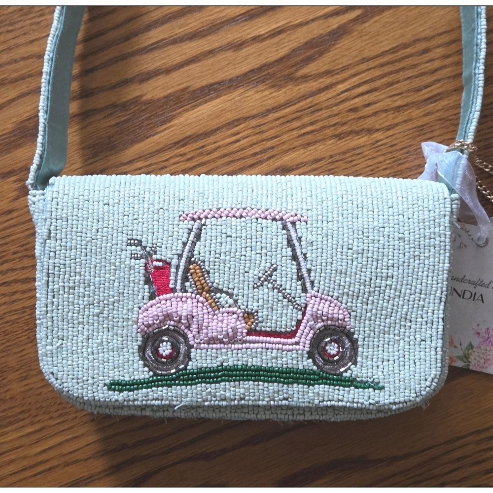 VIRAL Beaded Bag Golf Cart Masters Green & Pink + Charm NWT - Picture 3 of 9